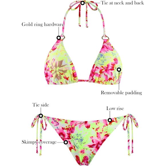 🆕Women Fuchsia Floral Polyester Cheeky Bikini Bottom Push Up Triangle Swimsuit - Picture 6 of 6